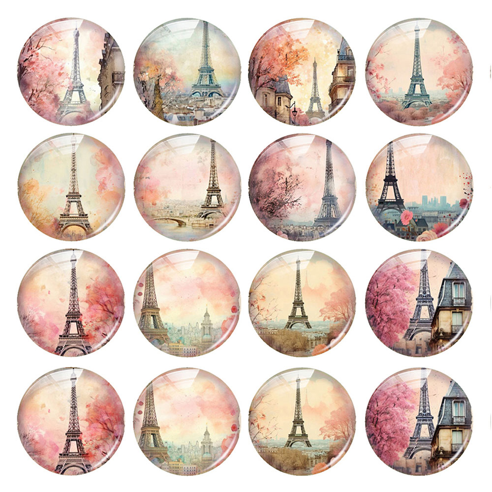 Jewelry Making Paris - คาโบชองแก้วรูปทรงกลม/วงรี/สี่เหลี่ยมผสมแบบสุ่ม ลายหอไอเฟลในปารีส ภาพถ่ายฤดูใบไม้ผลิ สำหรับงาน DIY เครื่องประดับ