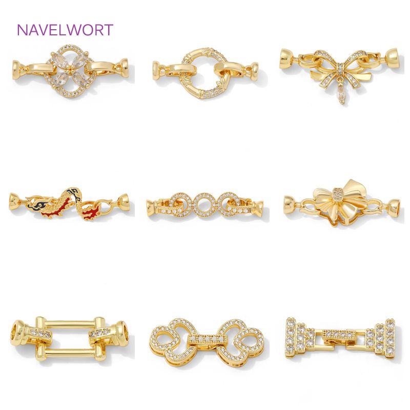 Jewelry Making Metal Supplies - 1/2 ชิ้น ตัวล็อคแบบมุกชุบทอง 14K, ตัวล็อคสำหรับสร้อยข้อมือ, ตัวล็อคแบบมีตัวเชื่อมประดับเพชรซิร์คอนสำหรับเครื่องประดับ,